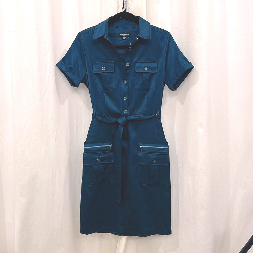 Sateen Belted Military Style Midi Dress w Cargo Zippers & Pockets NWOT